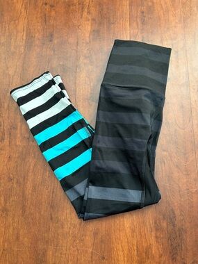 K-Deer Womens Black & Teal Striped Active Leggings Size XS